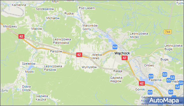 mapa Wielka Wieś gmina Wąchock, Wielka Wieś gmina Wąchock na mapie Targeo