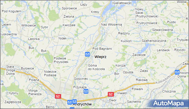mapa Wieprz powiat wadowicki, Wieprz powiat wadowicki na mapie Targeo