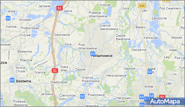 mapa Wilamowice powiat bielski, Wilamowice powiat bielski na mapie Targeo