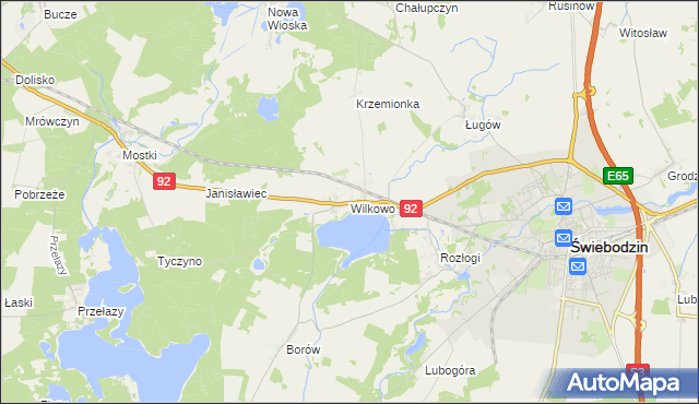 mapa Wilkowo gmina Świebodzin, Wilkowo gmina Świebodzin na mapie Targeo