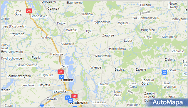 mapa Witanowice gmina Tomice, Witanowice gmina Tomice na mapie Targeo