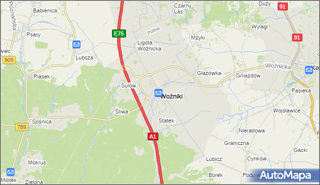 mapa Woźniki powiat lubliniecki, Woźniki powiat lubliniecki na mapie Targeo
