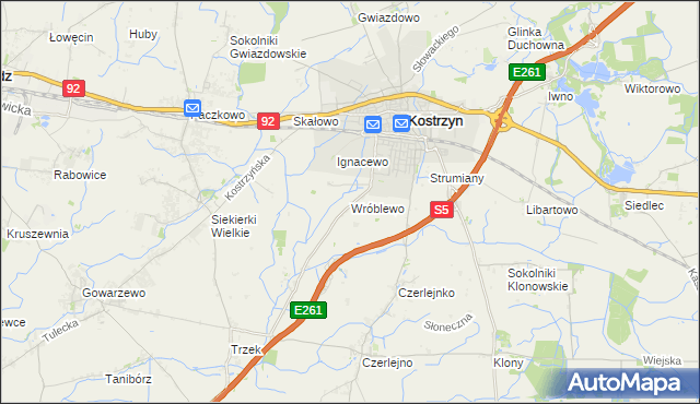 mapa Wróblewo gmina Kostrzyn, Wróblewo gmina Kostrzyn na mapie Targeo