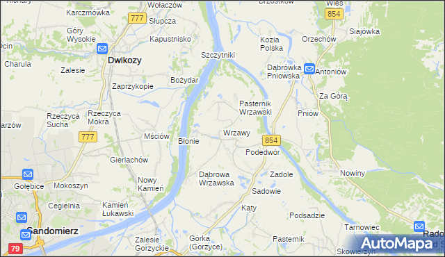 mapa Wrzawy gmina Gorzyce, Wrzawy gmina Gorzyce na mapie Targeo