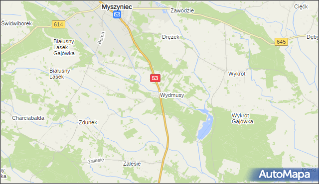 mapa Wydmusy, Wydmusy na mapie Targeo