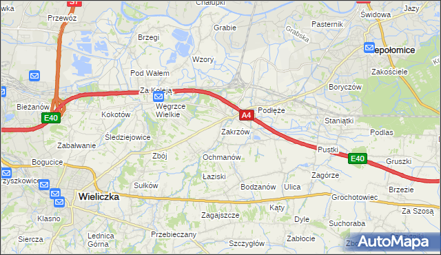 mapa Zakrzów gmina Niepołomice, Zakrzów gmina Niepołomice na mapie Targeo