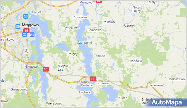 mapa Zawada gmina Mrągowo, Zawada gmina Mrągowo na mapie Targeo