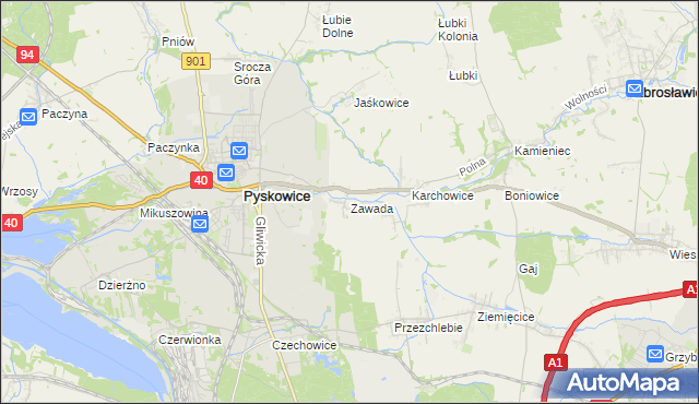 mapa Zawada gmina Zbrosławice, Zawada gmina Zbrosławice na mapie Targeo