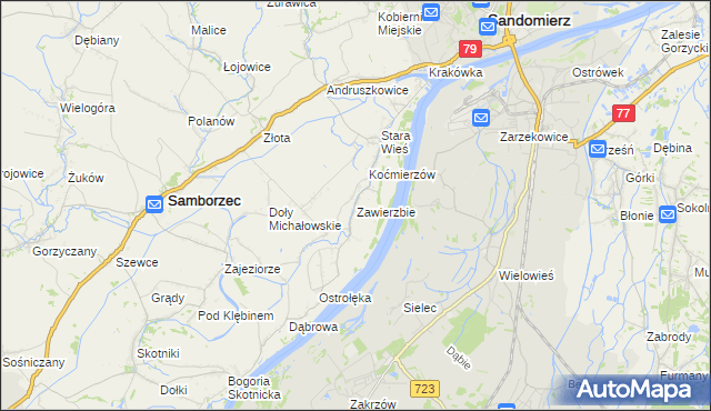 mapa Zawierzbie gmina Samborzec, Zawierzbie gmina Samborzec na mapie Targeo