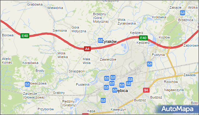 mapa Zawierzbie gmina Żyraków, Zawierzbie gmina Żyraków na mapie Targeo