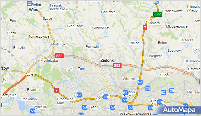 mapa Zielonki powiat krakowski, Zielonki powiat krakowski na mapie Targeo