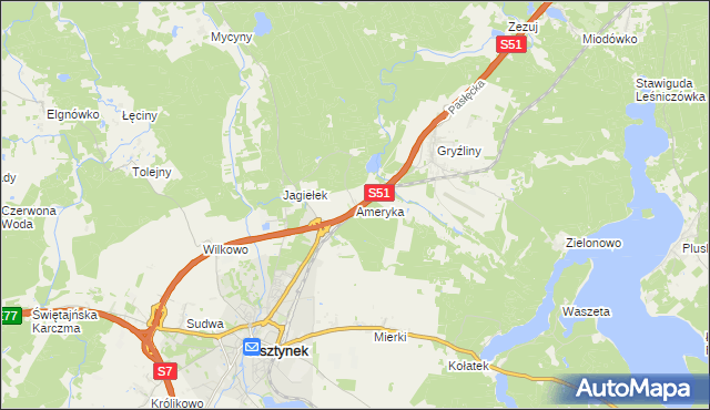 mapa Ameryka gmina Olsztynek, Ameryka gmina Olsztynek na mapie Targeo