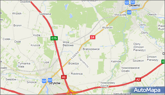 mapa Bratoszewice, Bratoszewice na mapie Targeo