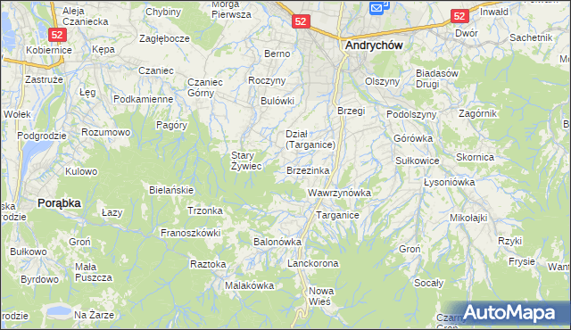 mapa Brzezinka gmina Andrychów, Brzezinka gmina Andrychów na mapie Targeo