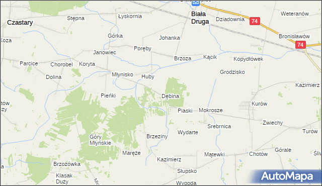 mapa Dębina gmina Biała, Dębina gmina Biała na mapie Targeo