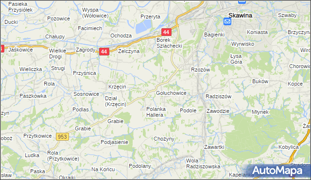 mapa Gołuchowice gmina Skawina, Gołuchowice gmina Skawina na mapie Targeo