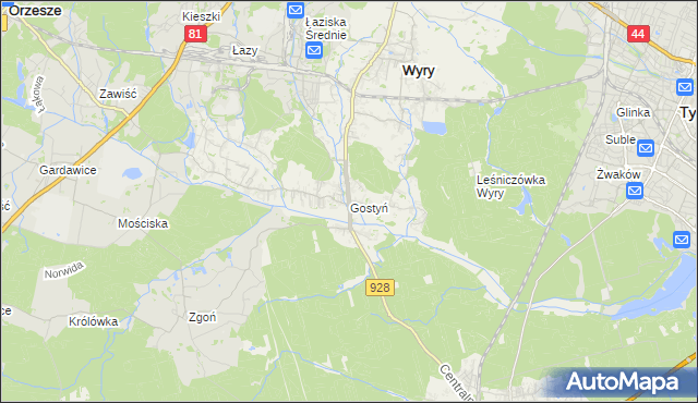 mapa Gostyń gmina Wyry, Gostyń gmina Wyry na mapie Targeo