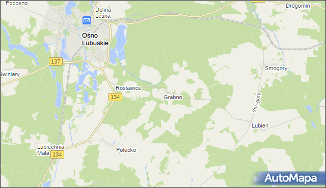 mapa Grabno gmina Ośno Lubuskie, Grabno gmina Ośno Lubuskie na mapie Targeo