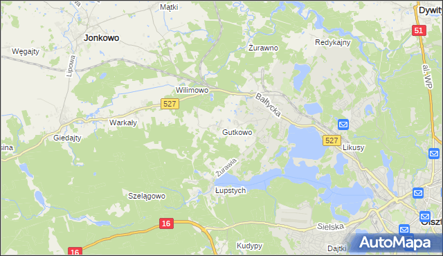 mapa Gutkowo gmina Jonkowo, Gutkowo gmina Jonkowo na mapie Targeo