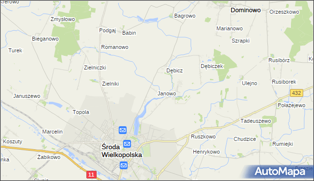 mapa Janowo gmina Środa Wielkopolska, Janowo gmina Środa Wielkopolska na mapie Targeo