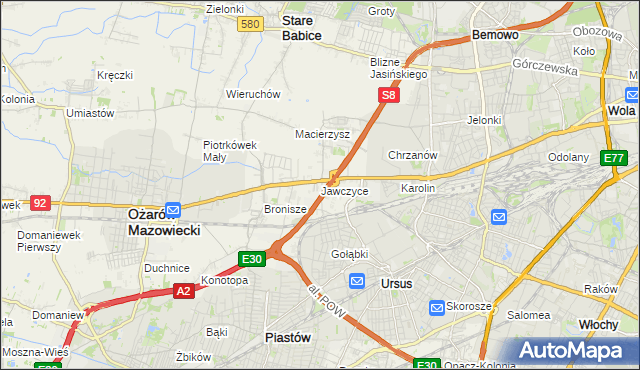 mapa Jawczyce gmina Ożarów Mazowiecki, Jawczyce gmina Ożarów Mazowiecki na mapie Targeo