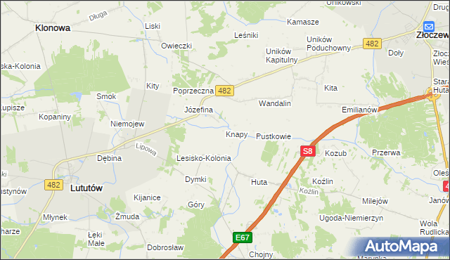 mapa Knapy gmina Lututów, Knapy gmina Lututów na mapie Targeo