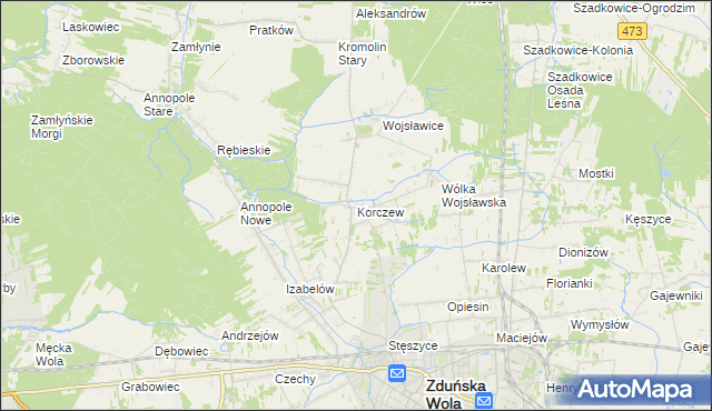 mapa Korczew gmina Zduńska Wola, Korczew gmina Zduńska Wola na mapie Targeo