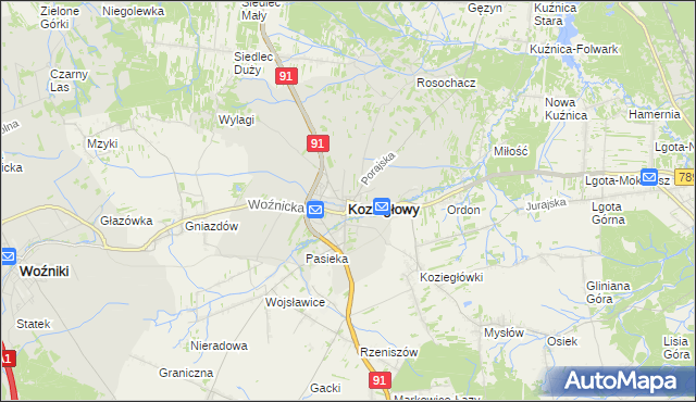 mapa Koziegłowy powiat myszkowski, Koziegłowy powiat myszkowski na mapie Targeo