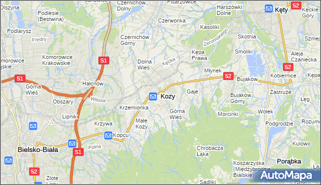 mapa Kozy powiat bielski, Kozy powiat bielski na mapie Targeo