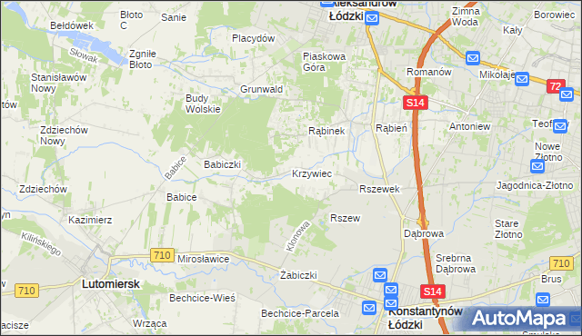 mapa Krzywiec gmina Aleksandrów Łódzki, Krzywiec gmina Aleksandrów Łódzki na mapie Targeo
