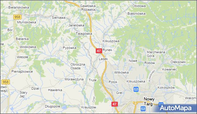mapa Lasek gmina Nowy Targ, Lasek gmina Nowy Targ na mapie Targeo