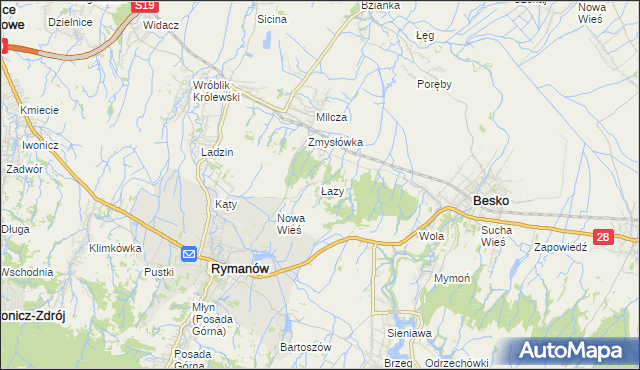mapa Łazy gmina Rymanów, Łazy gmina Rymanów na mapie Targeo