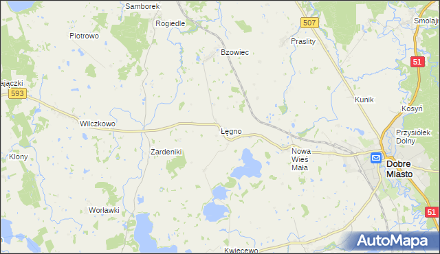 mapa Łęgno gmina Dobre Miasto, Łęgno gmina Dobre Miasto na mapie Targeo