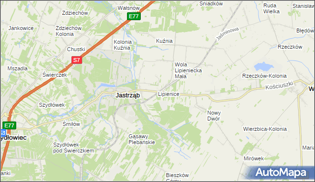 mapa Lipienice gmina Jastrząb, Lipienice gmina Jastrząb na mapie Targeo