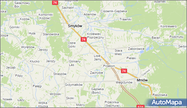 mapa Lisie Jamy gmina Mniów, Lisie Jamy gmina Mniów na mapie Targeo