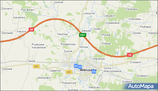 mapa Mirków gmina Wieruszów, Mirków gmina Wieruszów na mapie Targeo