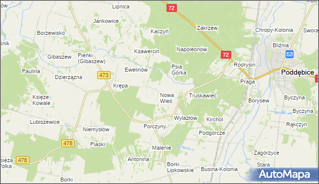 mapa Nowa Wieś gmina Poddębice, Nowa Wieś gmina Poddębice na mapie Targeo