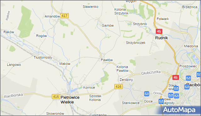 mapa Pawłów gmina Pietrowice Wielkie, Pawłów gmina Pietrowice Wielkie na mapie Targeo