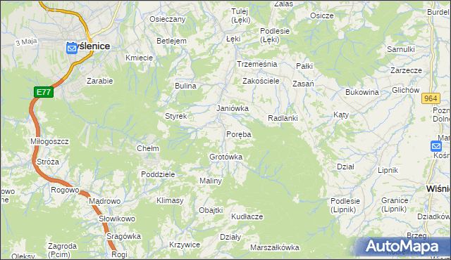 mapa Poręba gmina Myślenice, Poręba gmina Myślenice na mapie Targeo