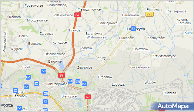 mapa Prusy gmina Kocmyrzów-Luborzyca, Prusy gmina Kocmyrzów-Luborzyca na mapie Targeo