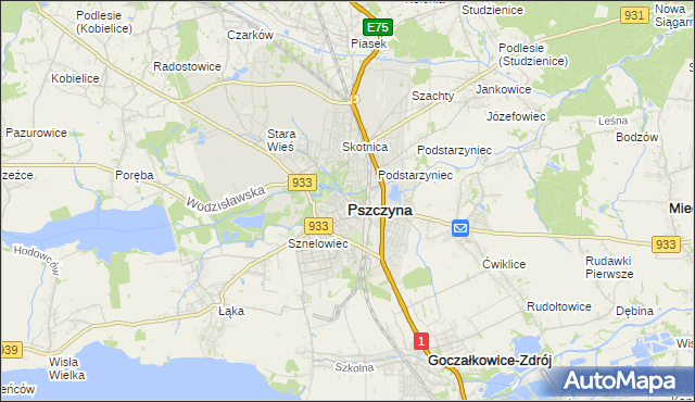 mapa Pszczyny, Pszczyna na mapie Targeo