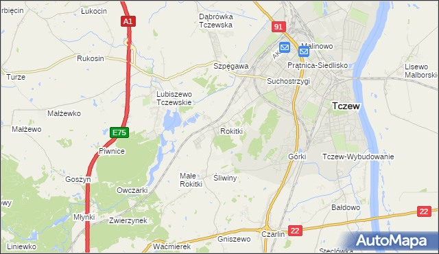 mapa Rokitki gmina Tczew, Rokitki gmina Tczew na mapie Targeo