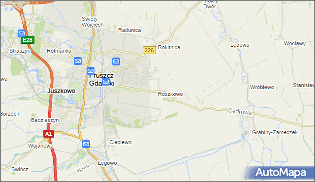 mapa Roszkowo gmina Pruszcz Gdański, Roszkowo gmina Pruszcz Gdański na mapie Targeo