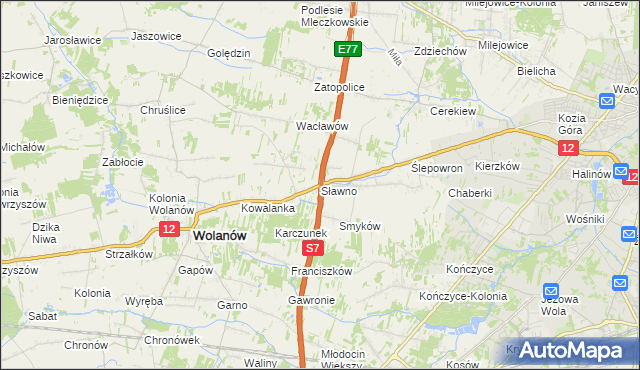 mapa Sławno gmina Wolanów, Sławno gmina Wolanów na mapie Targeo