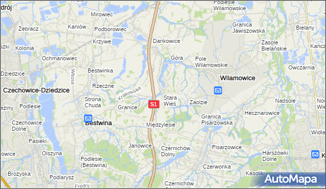 mapa Stara Wieś gmina Wilamowice, Stara Wieś gmina Wilamowice na mapie Targeo