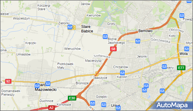 mapa Szeligi gmina Ożarów Mazowiecki, Szeligi gmina Ożarów Mazowiecki na mapie Targeo