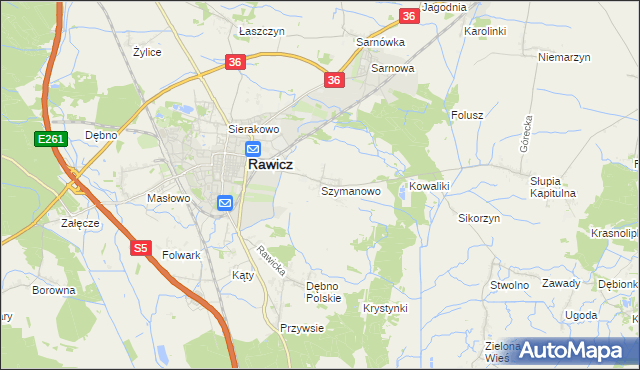 mapa Szymanowo gmina Rawicz, Szymanowo gmina Rawicz na mapie Targeo