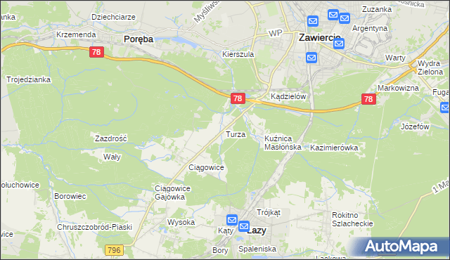 mapa Turza gmina Łazy, Turza gmina Łazy na mapie Targeo