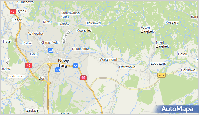 mapa Waksmund, Waksmund na mapie Targeo