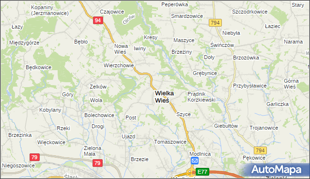 mapa Wielka Wieś powiat krakowski, Wielka Wieś powiat krakowski na mapie Targeo